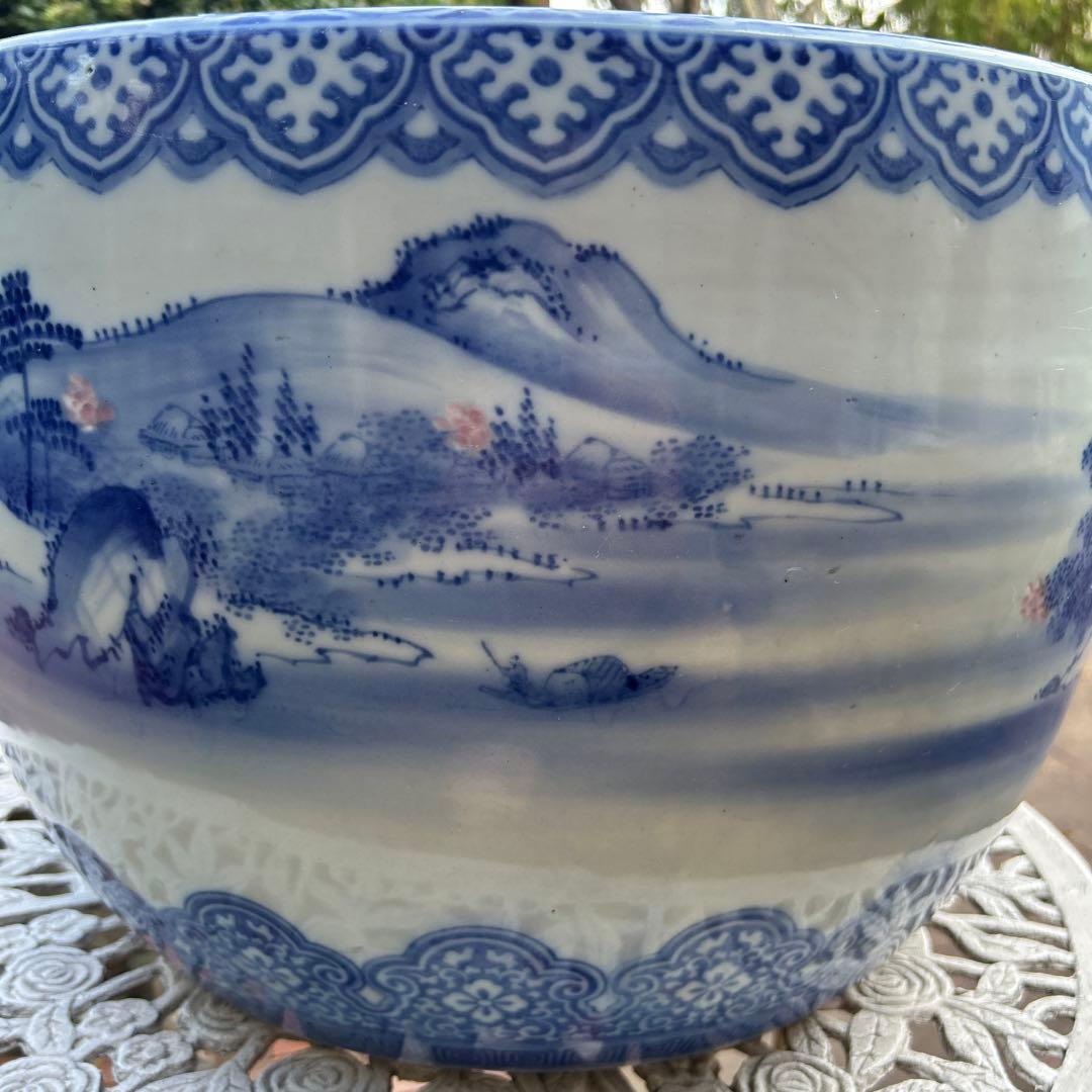 中国骨董50年以上旧蔵唐物 染付手絵山水紋大鉢 火鉢、金魚鉢、睡蓮鉢、水槽に兼用