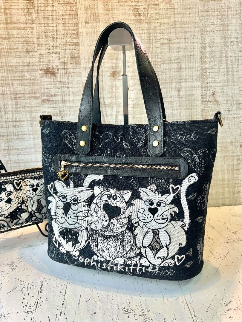 ロラライハリス♡ブラック英字デニム生地♡刺繍の楕円底バッグ♡長財布セット♡