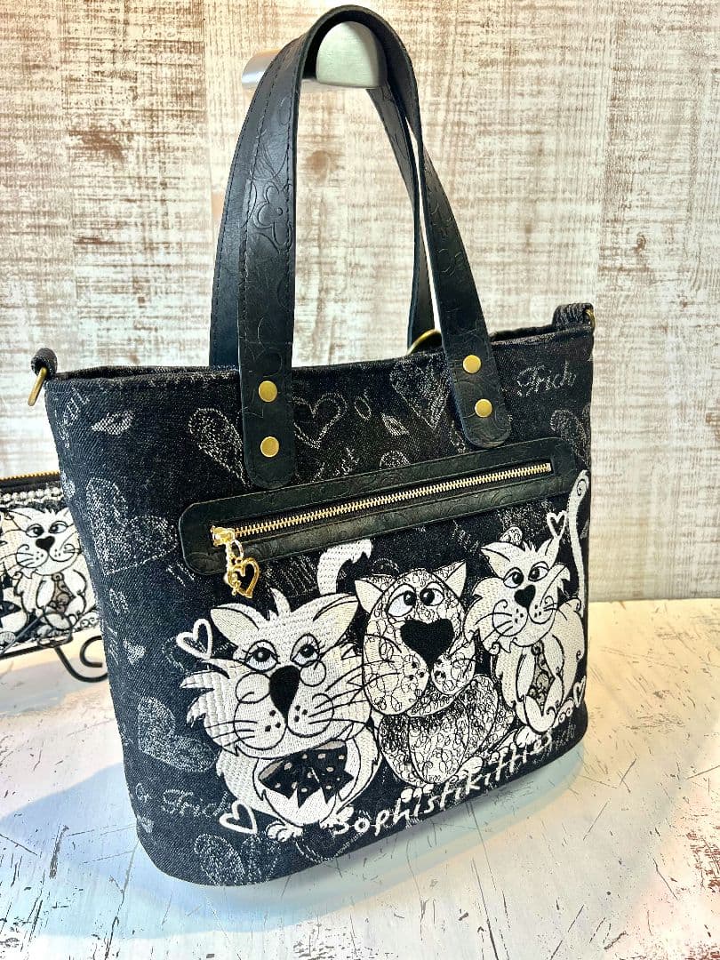 ロラライハリス♡ブラック英字デニム生地♡刺繍の楕円底バッグ♡長財布セット♡