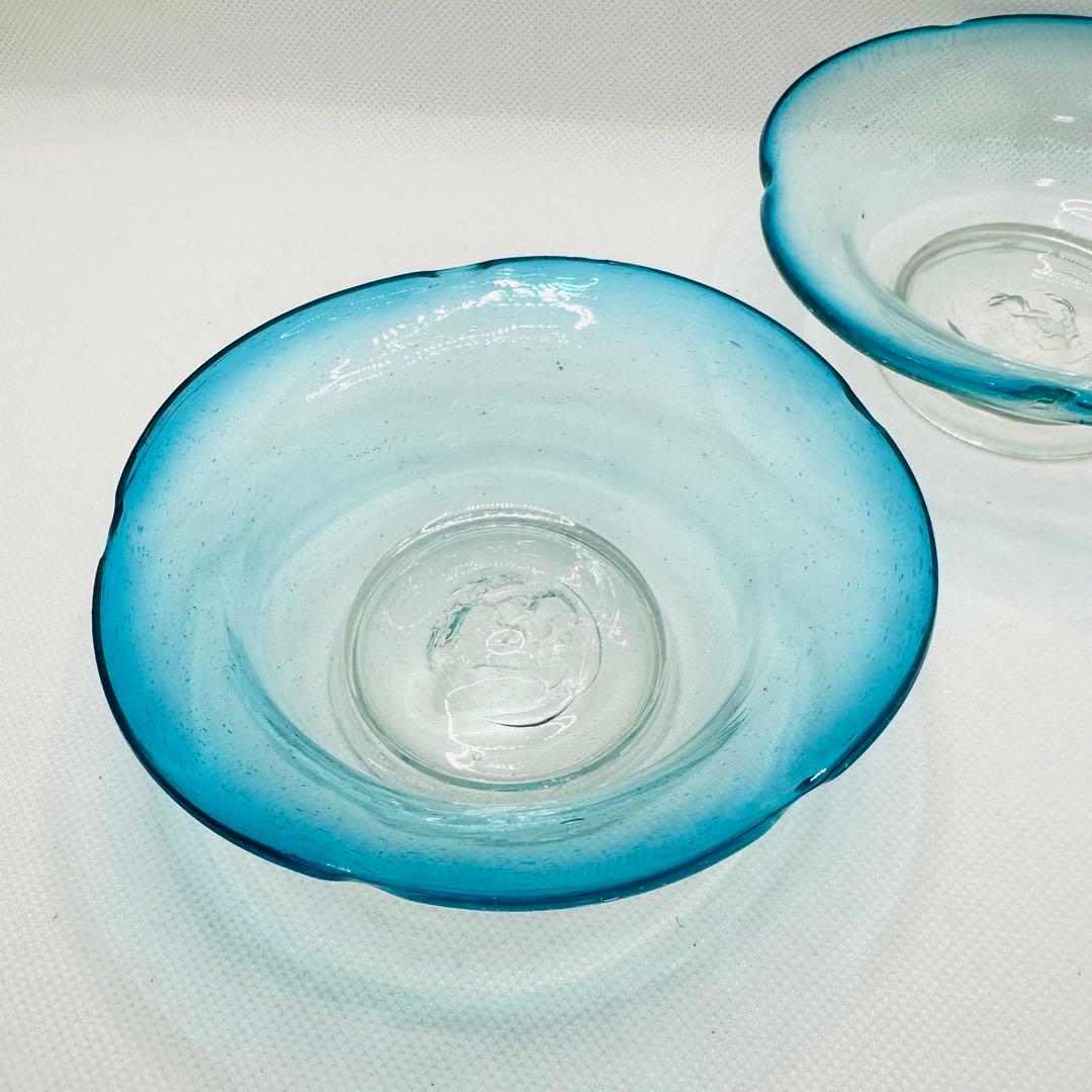 【希少】青縁 氷ガラス ボウル アイスグラス 食器 気泡 アンティーク　2客