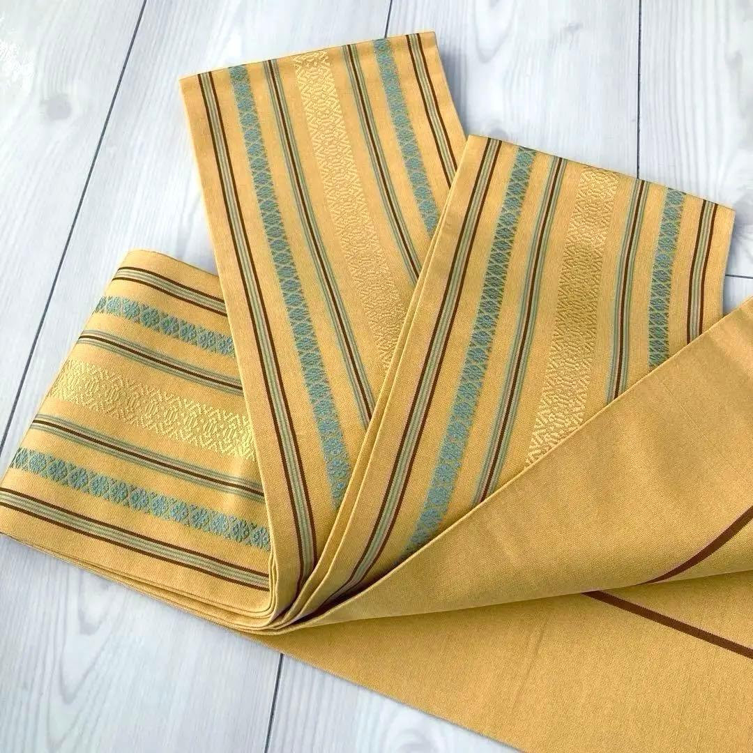 本場筑前博多織　半幅帯　正絹　献上柄　織り出し縞模様　井上絹織物 No.5-22