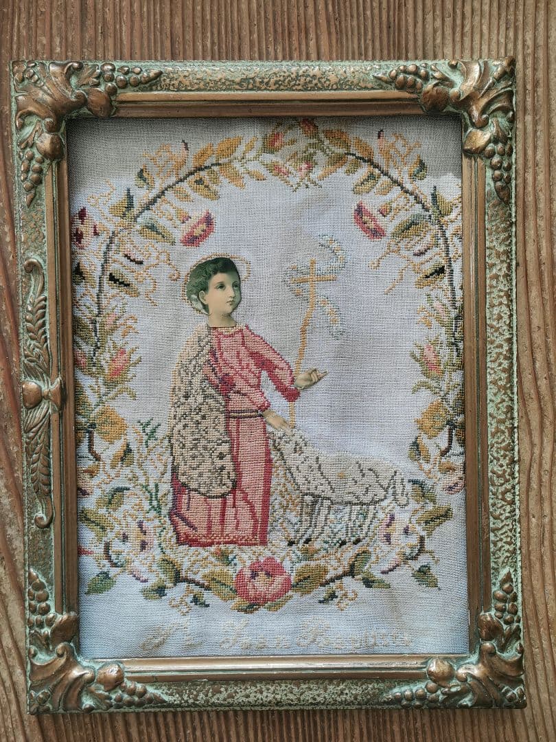 アンティーク バプテスマの聖ヨハネと羊と薔薇 ニードルポイント 手刺繍 額付