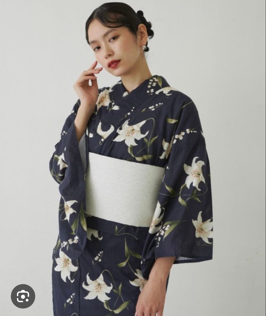 花柄　百合　すずらん　ネイビー浴衣　帯　草履　セット