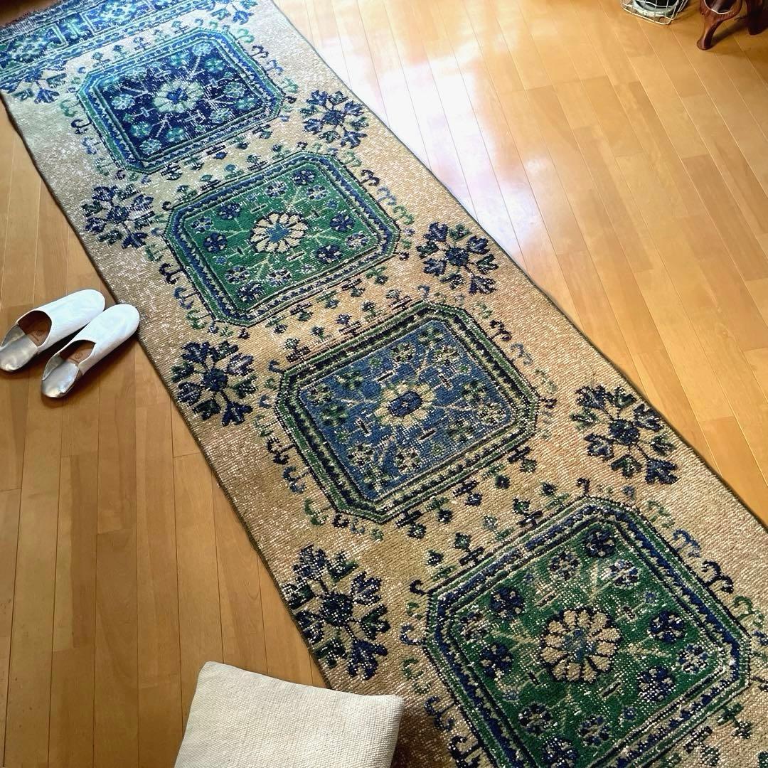 83×342 超ロング大判　ボタニカル　くすみイエロー　トルコヴィンテージラグ