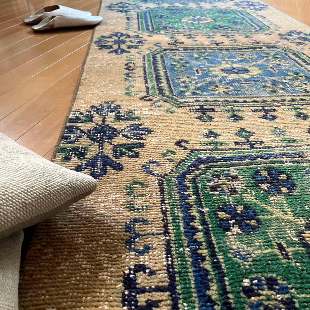 83×342 超ロング大判　ボタニカル　くすみイエロー　トルコヴィンテージラグ