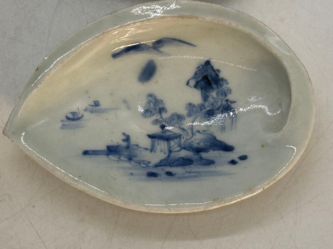 江戸　古伊万里　染付　鮑形山水人物紋小皿6点　　送料込み260130