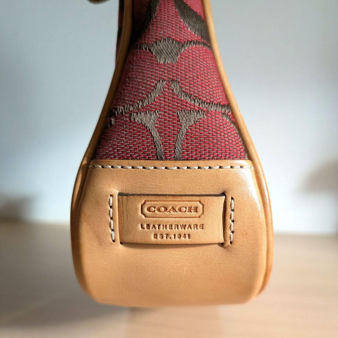 【美品】COACH アクセサリーポーチ ミニバッグ キャンバス レザー レッド