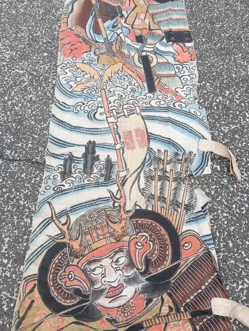 武者絵 兜武者 馬 手描き のぼり旗 木綿 リメイク 古布 古裂 　明治