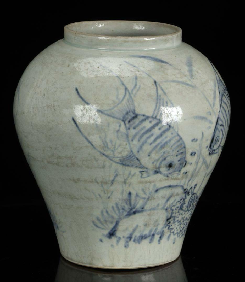 時代物 李朝 染付魚蟹海老文 壺 花瓶 箱付 白磁 青花 朝鮮古陶 唐物 骨董品
