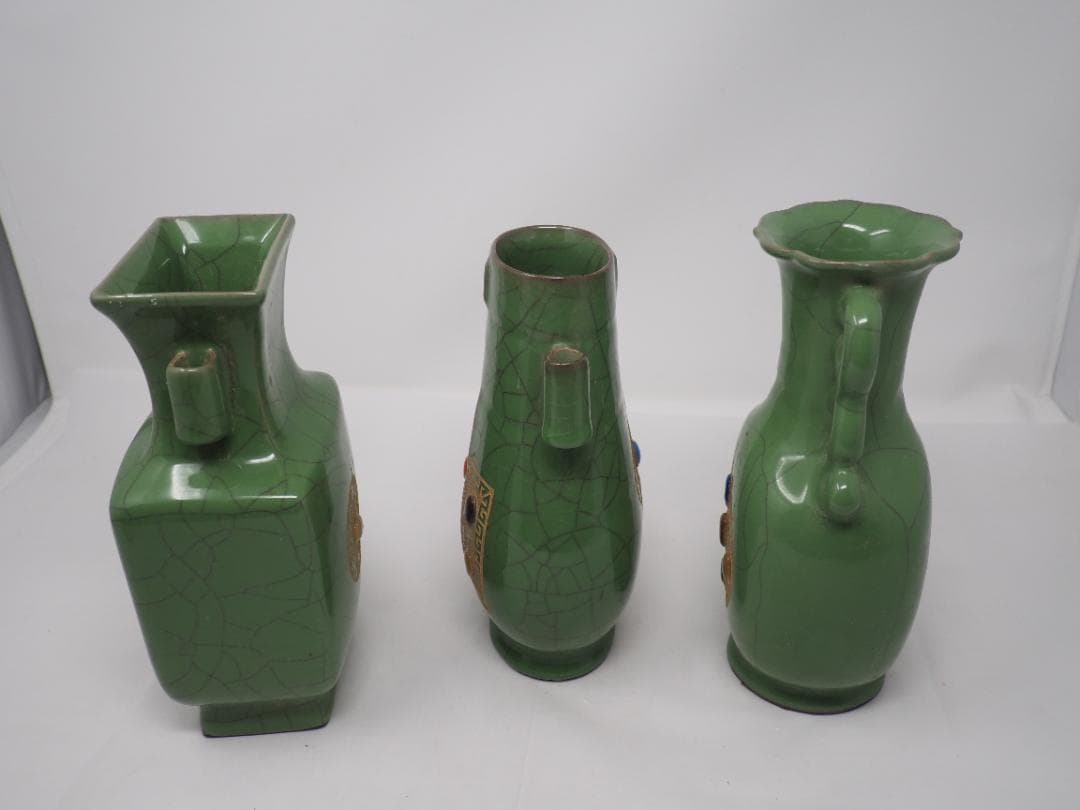緑釉宝石嵌描金文字雙耳瓶　5セット　中国　宝石一つ欠け有　-SO