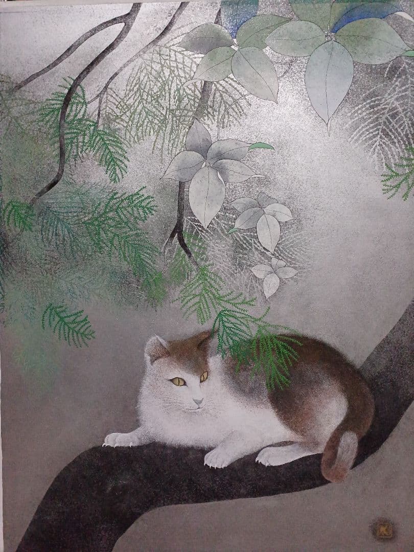 ◆　佐藤昌美(佐藤晨)「緑韻」日本画　猫　F10号　創画会会員　紺綬褒章　◆
