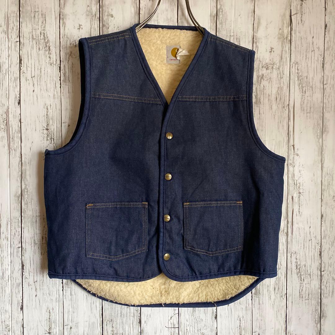 【しん】カーハートCarharttデニムベストボア裏地 ネイビー Lサイズ
