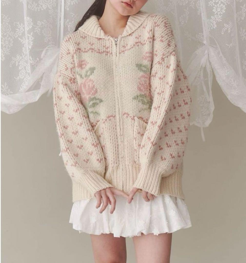 【美品】Y043 メリージェニー roseカウチンニット F ピンク ハート