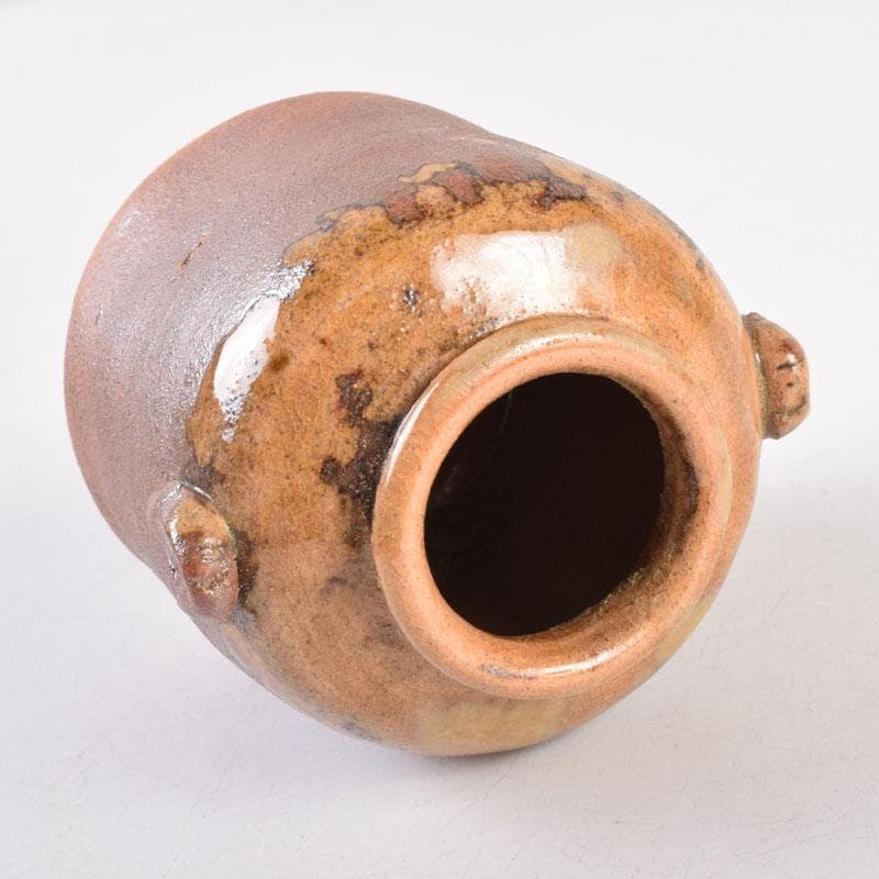 茶道具　萩焼　守繁栄徹作　耳付茶入　名物鷄頭金襴仕覆付　共布共箱　V　8498