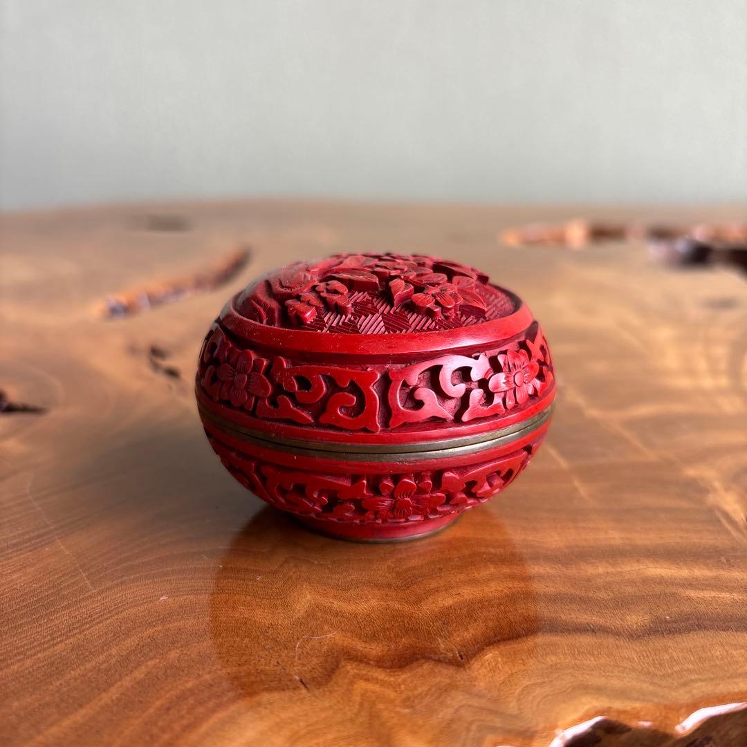 中国 堆朱 香合 茶道具 内七宝 金属枠香合