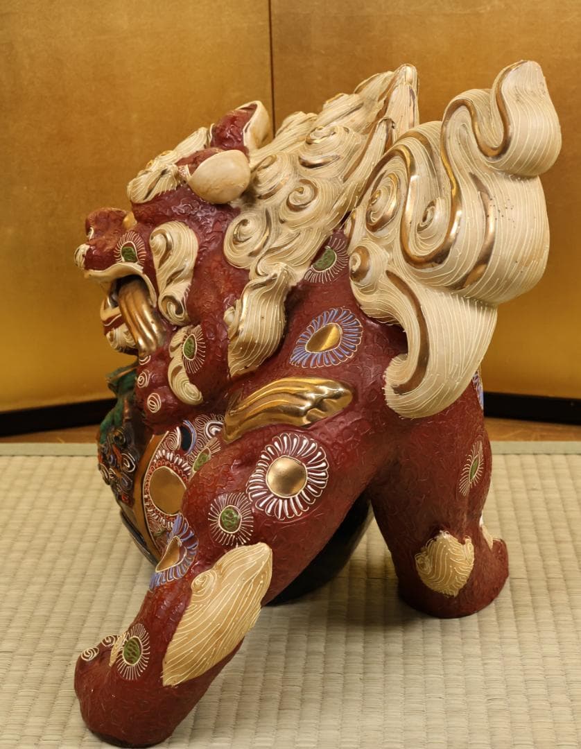 九谷焼　八幡釜　須栄義　獅子　龍玉　置物　床飾　縁起物　高さ35㎝　BK045