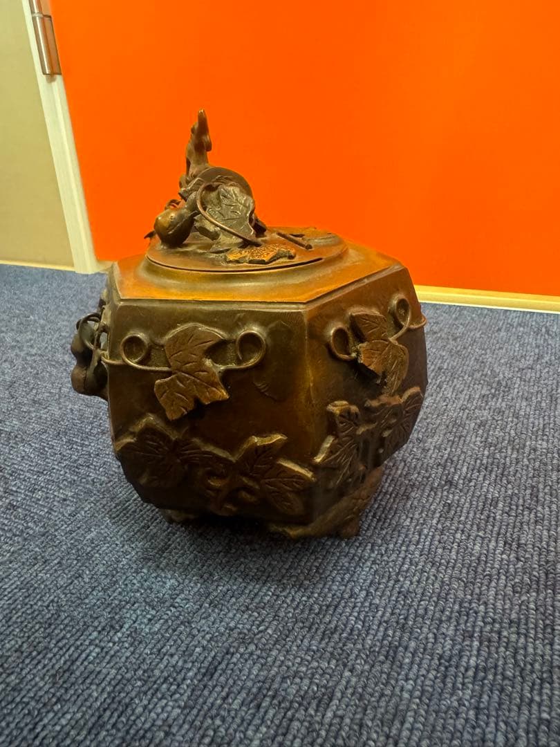 1624 中国美術　唐物　古玩　唐銅　瓢箪から駒図大矢立香炉　大明宣徳　時代物