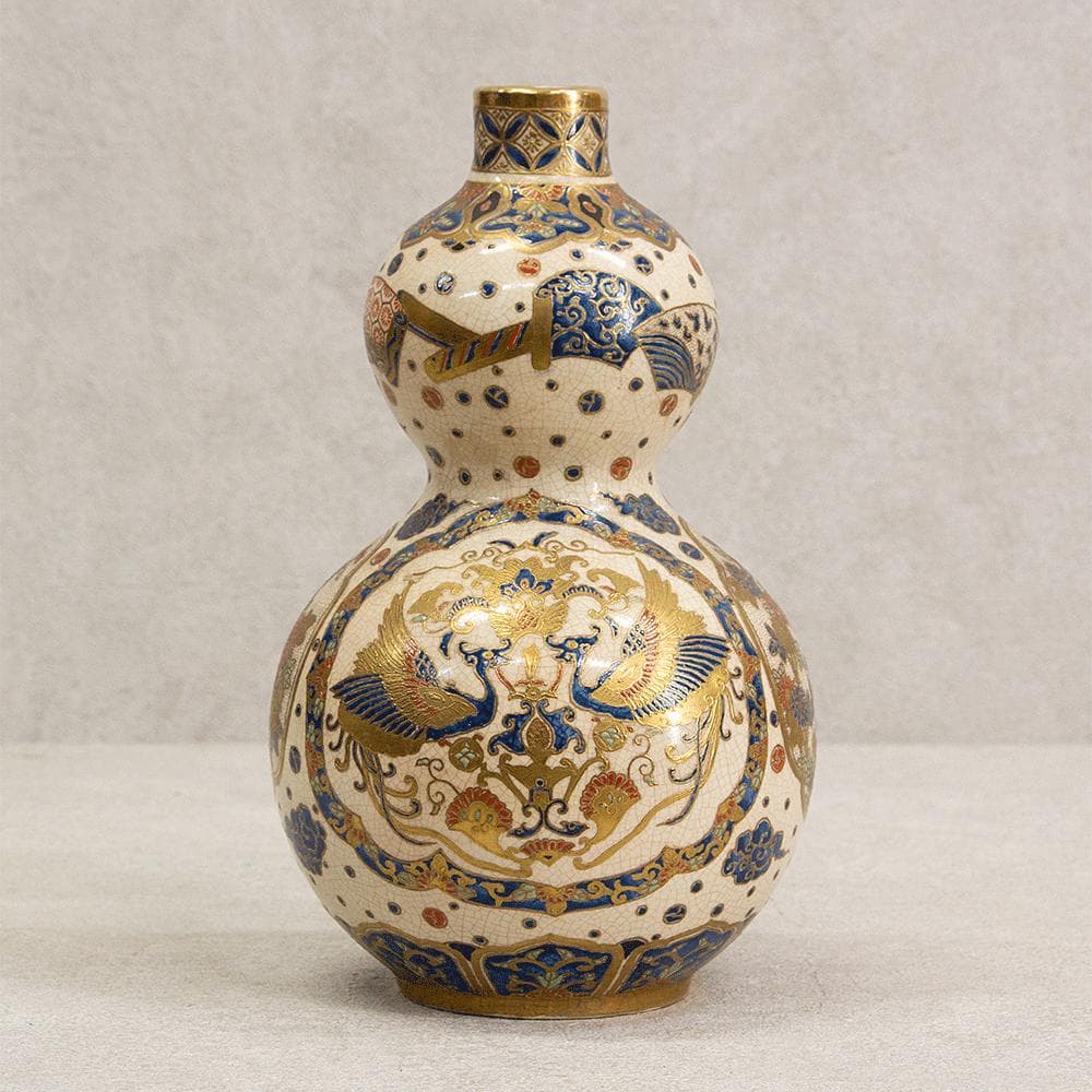 ※あかおかずき　薩摩焼 丸十字 薩摩 明治期 瓢箪型金彩鳳凰文 花瓶