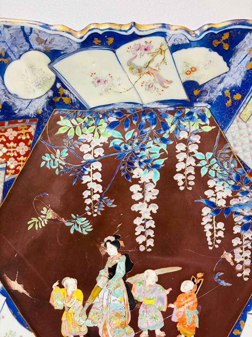 お値下❌ 明治初期 香蘭社 色絵褐地藤絵人物文 ブラックホーソン六角大皿