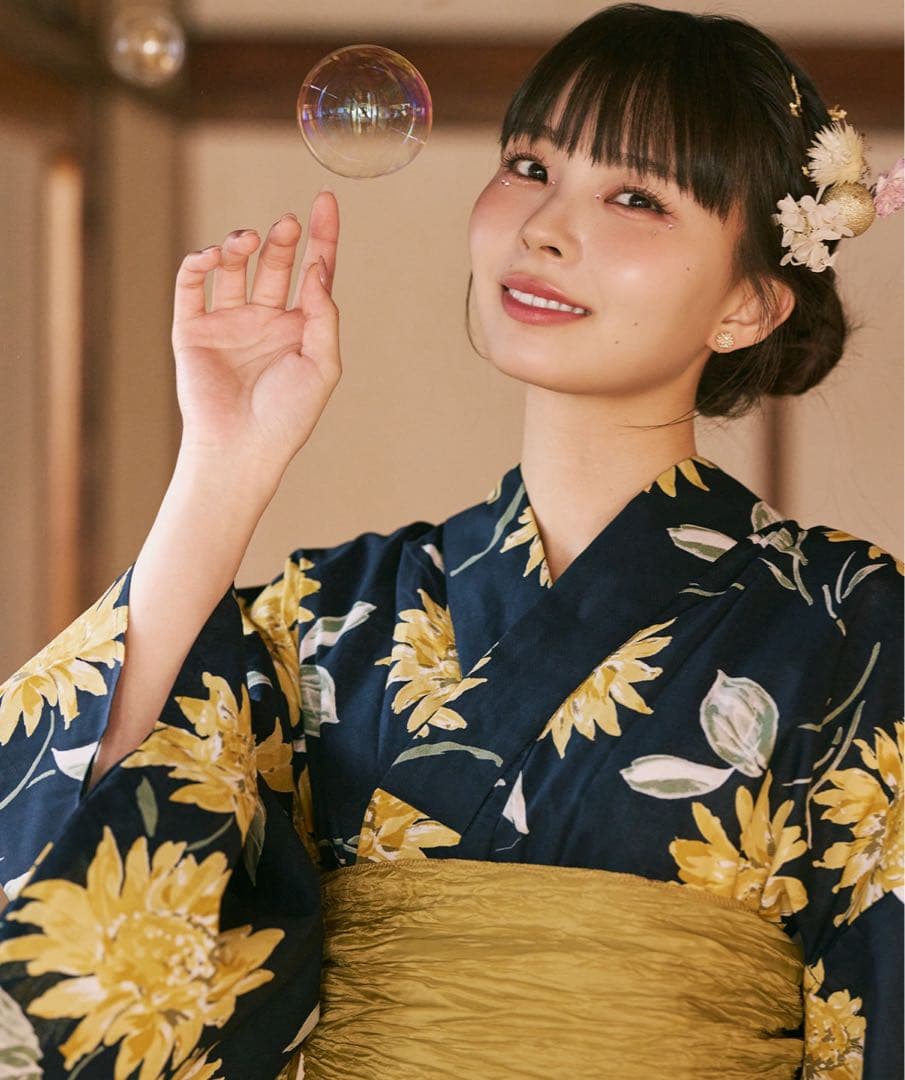 ひまわり柄 浴衣 ネイビー ゴールド帯