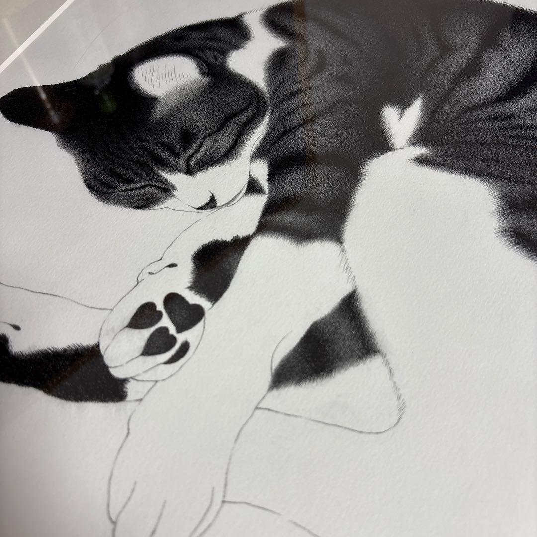 吉成信雄　猫の画(額縁付き) 肉球　　　 ハート　眠り猫