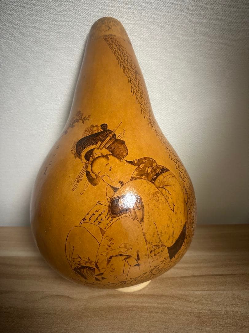 浮世絵風　焼き絵ひょうたん置物