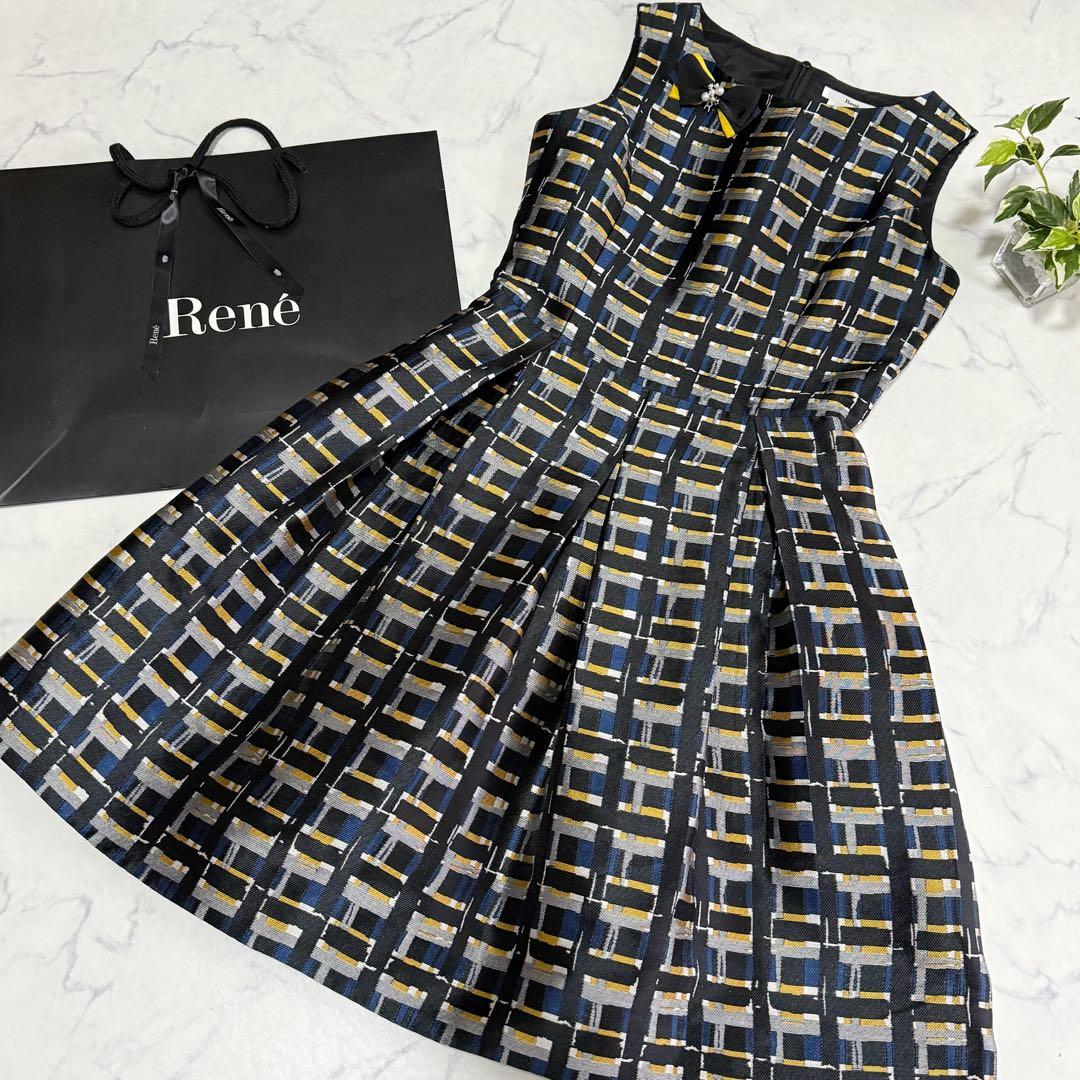 美品 ルネ ジャガード ドレス ワンピース ブロー付 フィットアンドフレア 36