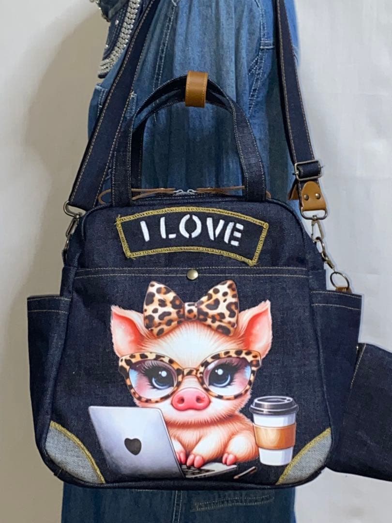 ☆ハンドメイド☆岡山デニム☆豚☆ブタさん☆リュック対応☆4wayボストンバッグ
