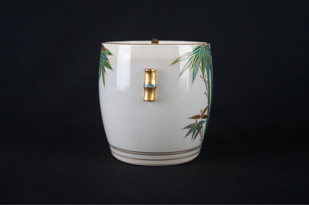 平安 京焼 手塚桐鳳 仁清写 竹絵付 竹形耳付 水指 共箱 茶道具