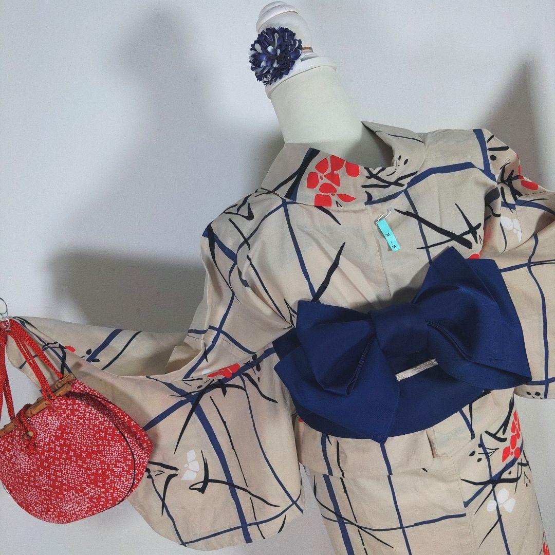 レトロ　レディース　浴衣セット　身丈145cm　ベージュ　赤　半幅帯　青 　小柄