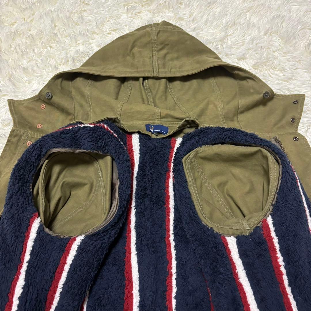 【フレッドペリー】2way モッズコート　ストライプ　ロゴ刺繍　カーキ　S