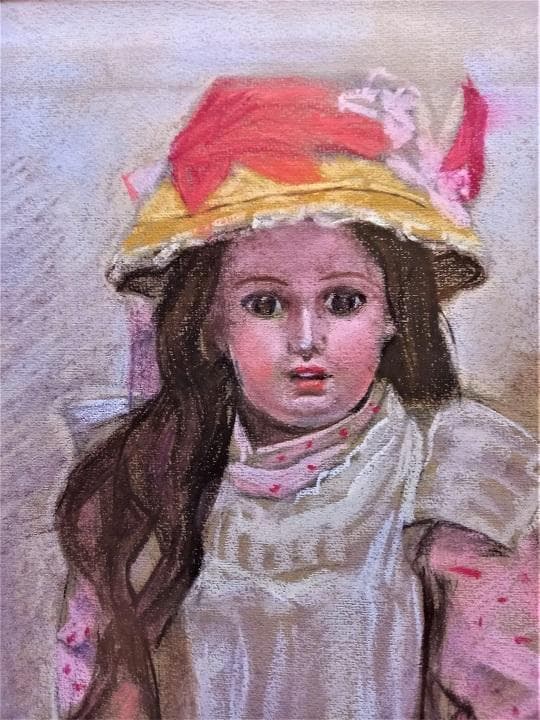 小島俊男　タイトル「人形」　パステル画　サインあり　金縁額装　黄袋、専用箱付き