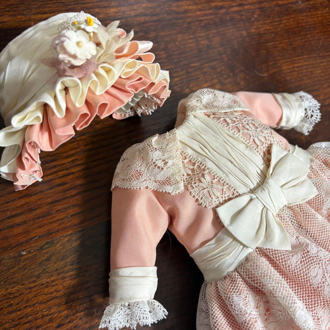 アンティークドール ビスクドール ドレス ボネ シルク ピンク レース