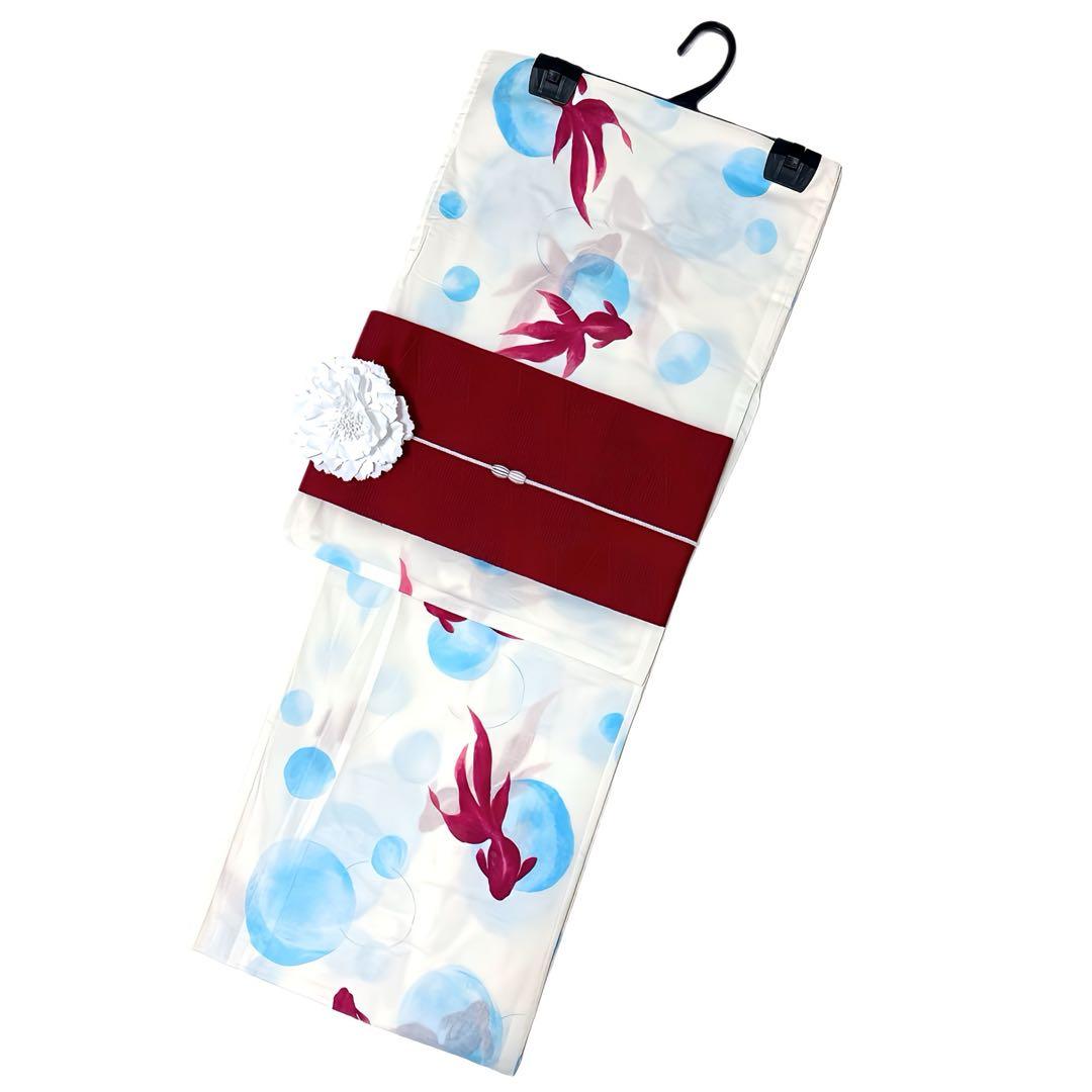 SALE価格 浴衣ジェンヌ 浴衣5点セット オフホワイトに金魚 ゆかた 半幅帯