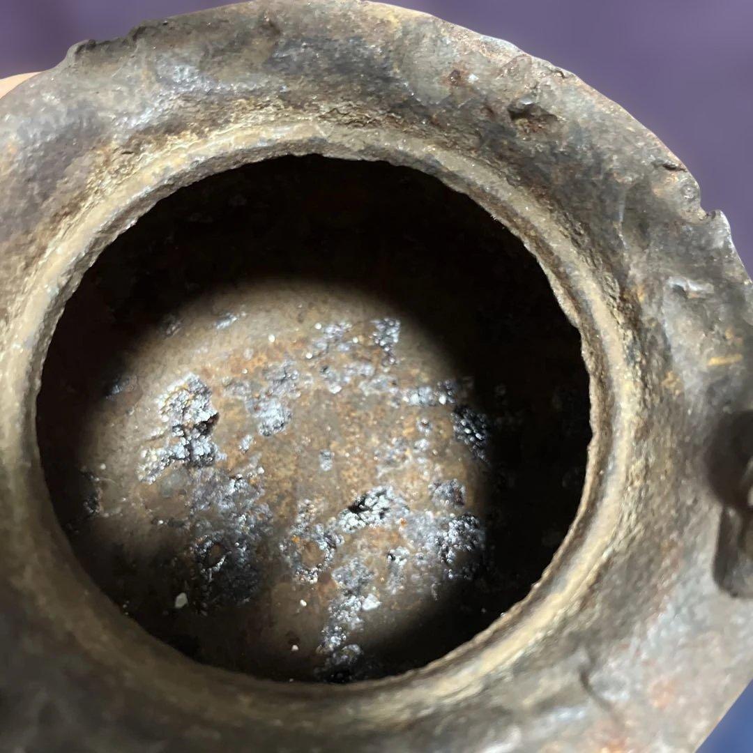 龍文堂造　鉄瓶　茶道具　煎茶道具　時代物　アンティーク　岩肌道安形銅蓋鉄瓶