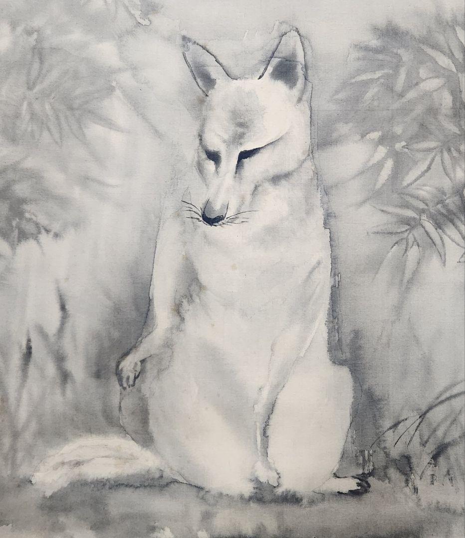 【月下に狐図】源光 2666 キツネ 掛け軸 肉筆