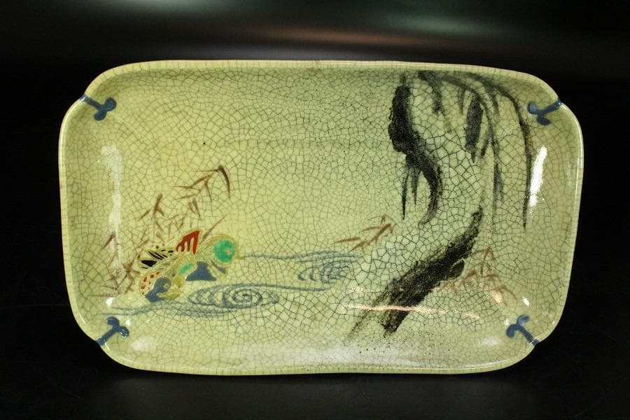 仁清写 色絵 金彩 鴛鴦流水紋 長皿 十客 古清水 茶道具(K-A227)