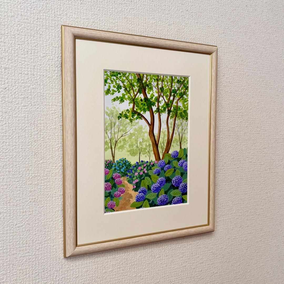 アクリル画　原画　「あじさいの小道02」額縁付　SMサイズ　風景画