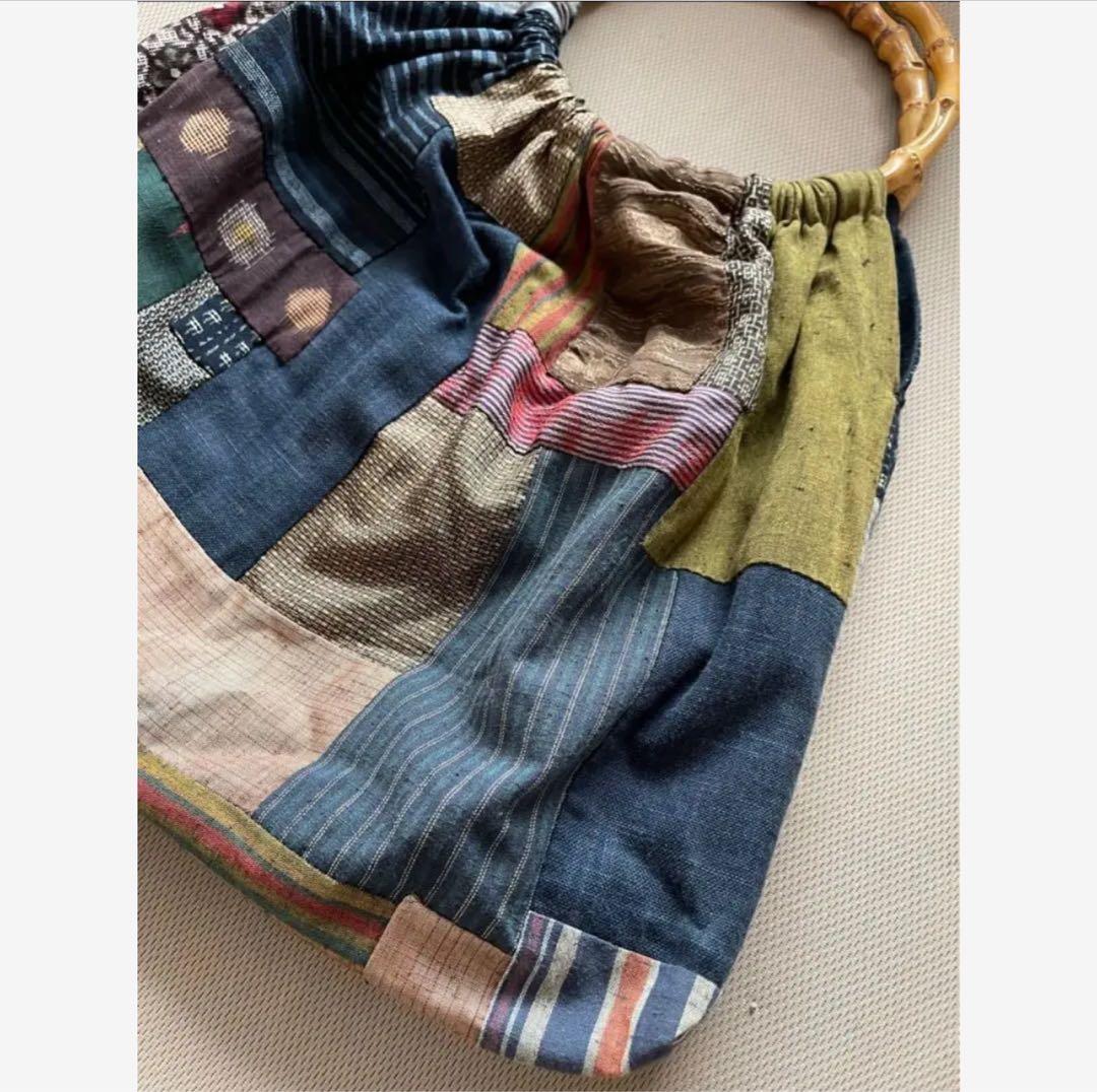 【一点もの】アンティーク和布と竹ハンドルのパッチワークグラニーバッグ