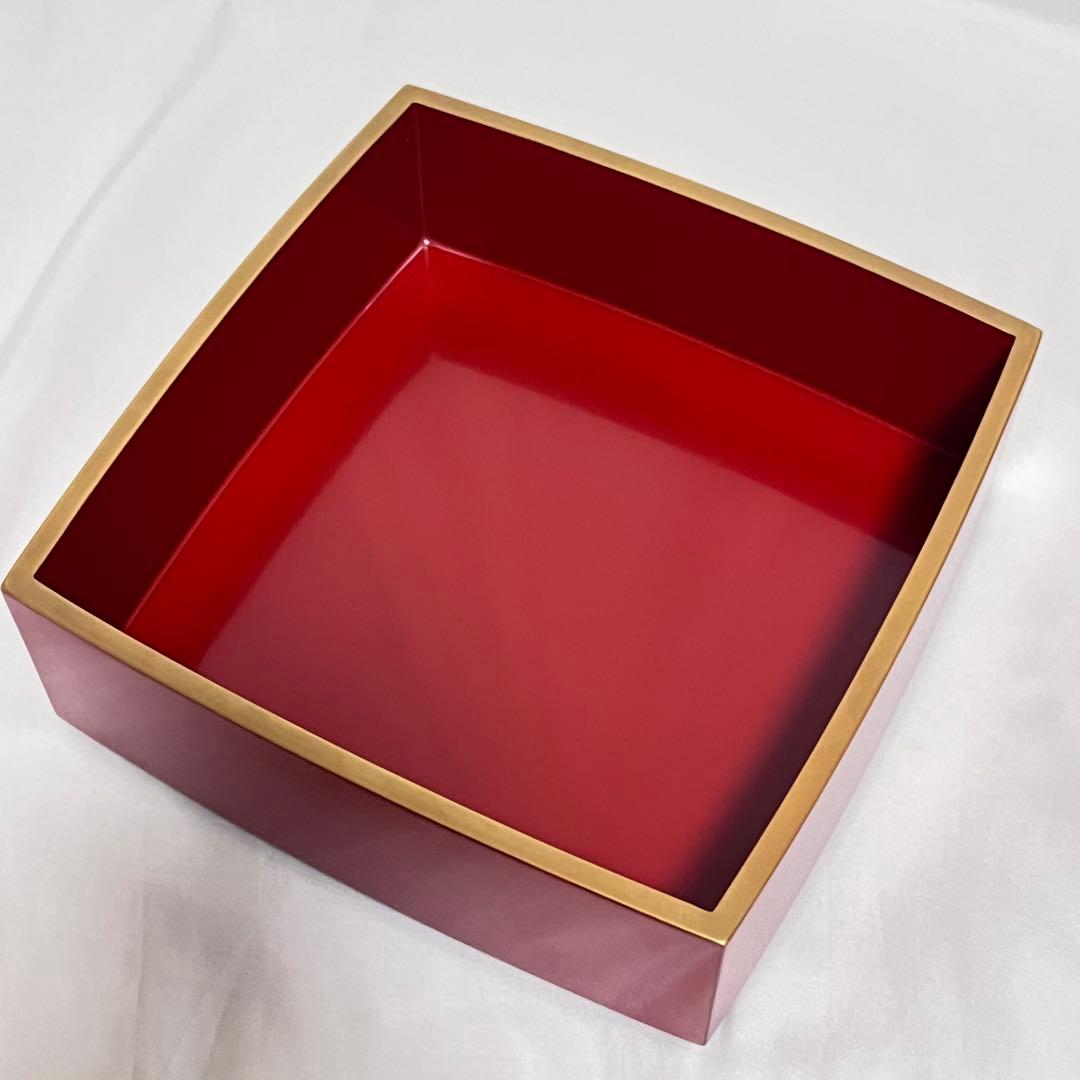 未使用 象彦 銅張 四段重 朱塗 16.3cm 金縁 漆器 漆塗 重箱 木箱入
