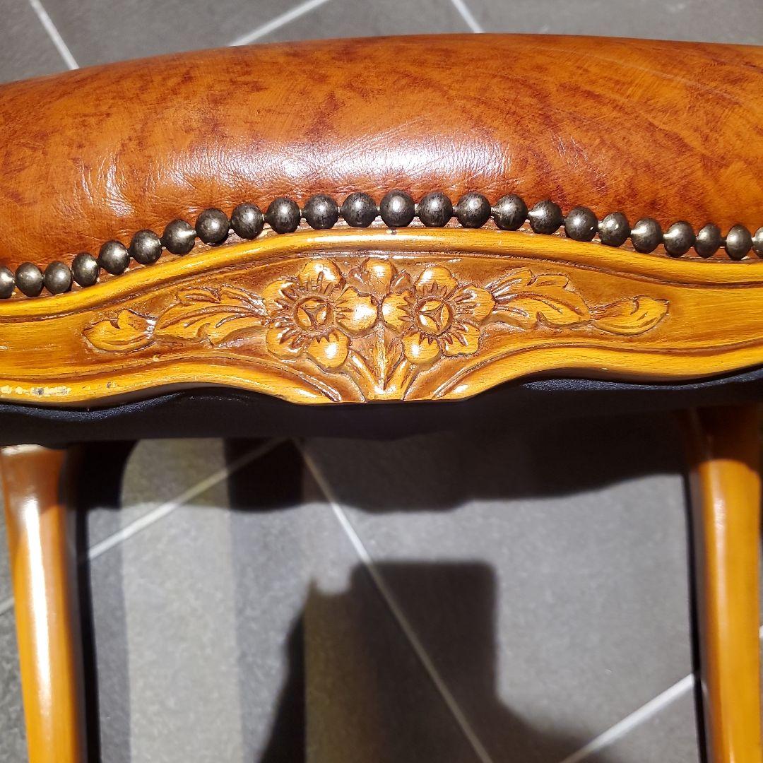 アンティーク ロココ調 ブラウンレザー スツール オーバル型