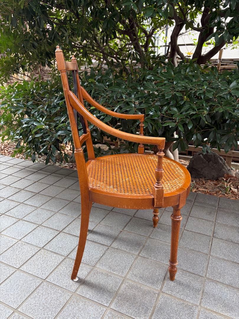 アンティーク 木製アームチェア クロスバック ランタン編み アールデコ 椅子