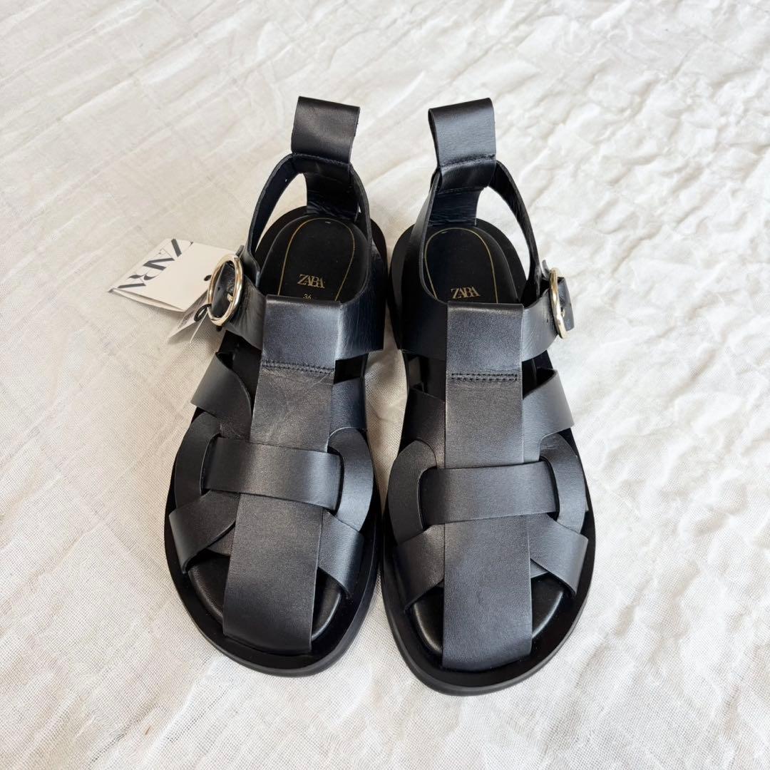 【新品未使用タグ付】 ZARA (ザラ) グルカサンダル フラット ブラック