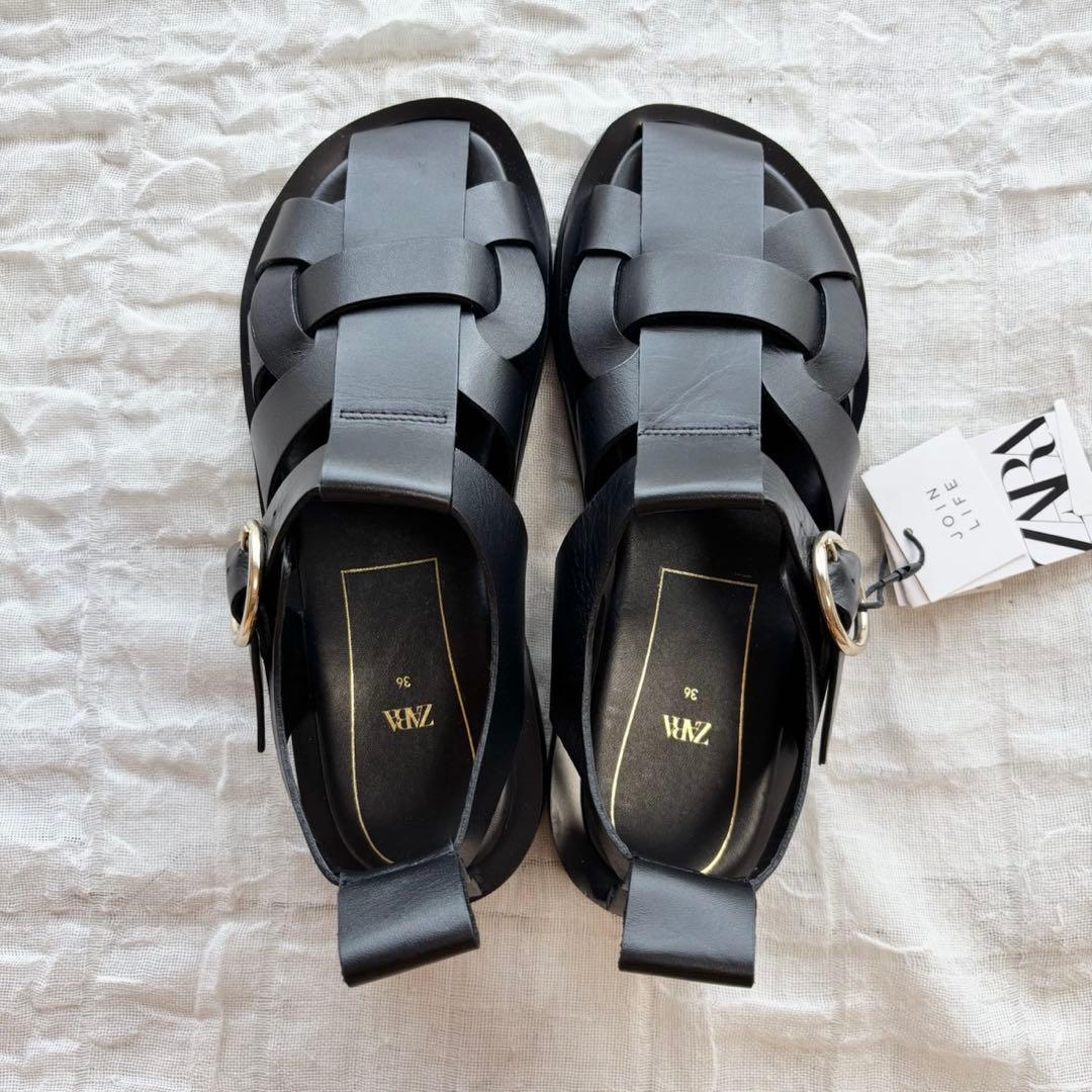 【新品未使用タグ付】 ZARA (ザラ) グルカサンダル フラット ブラック
