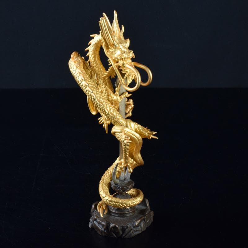 仏教美術　古銅鍍金　龍神　倶利伽羅大龍　不動明王　置物　時代箱付　M　7049