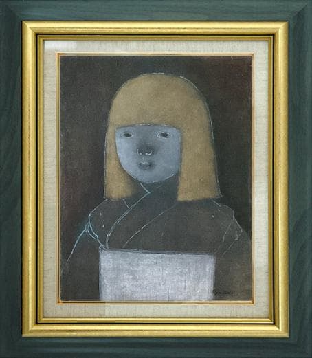 ❤️新作 油絵菅家令子絵画インテリア額(青緑＋金色枠)F6-010326市松人形