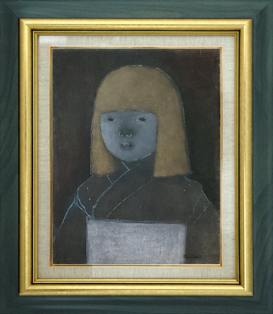 ❤️新作 油絵菅家令子絵画インテリア額(青緑＋金色枠)F6-010326市松人形