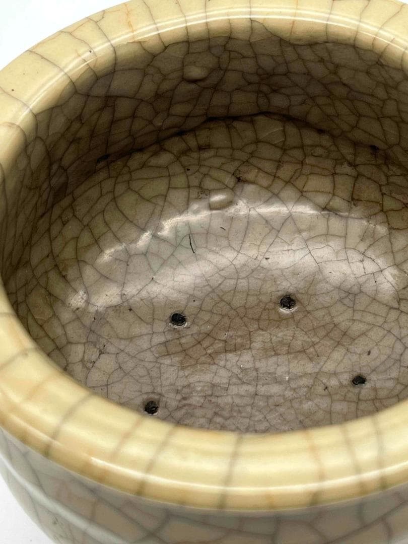 宋時代　青磁　汝官窯包金氷裂紋 支釘焼き 双耳三足香炉(C-81)