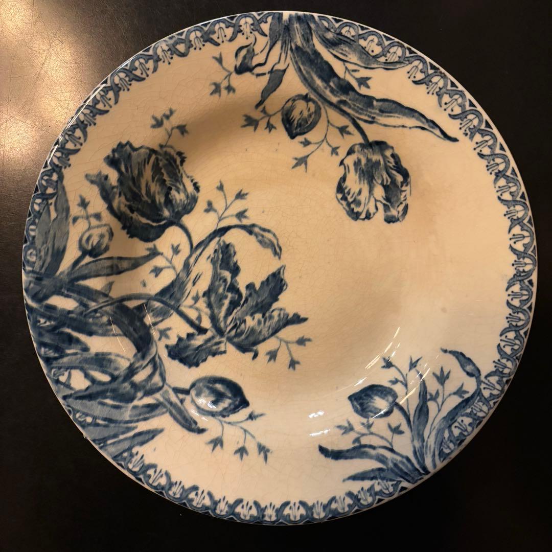 フランスアンティーク皿 3枚セット 青い花柄 チューリップ・野バラ・木ノ実