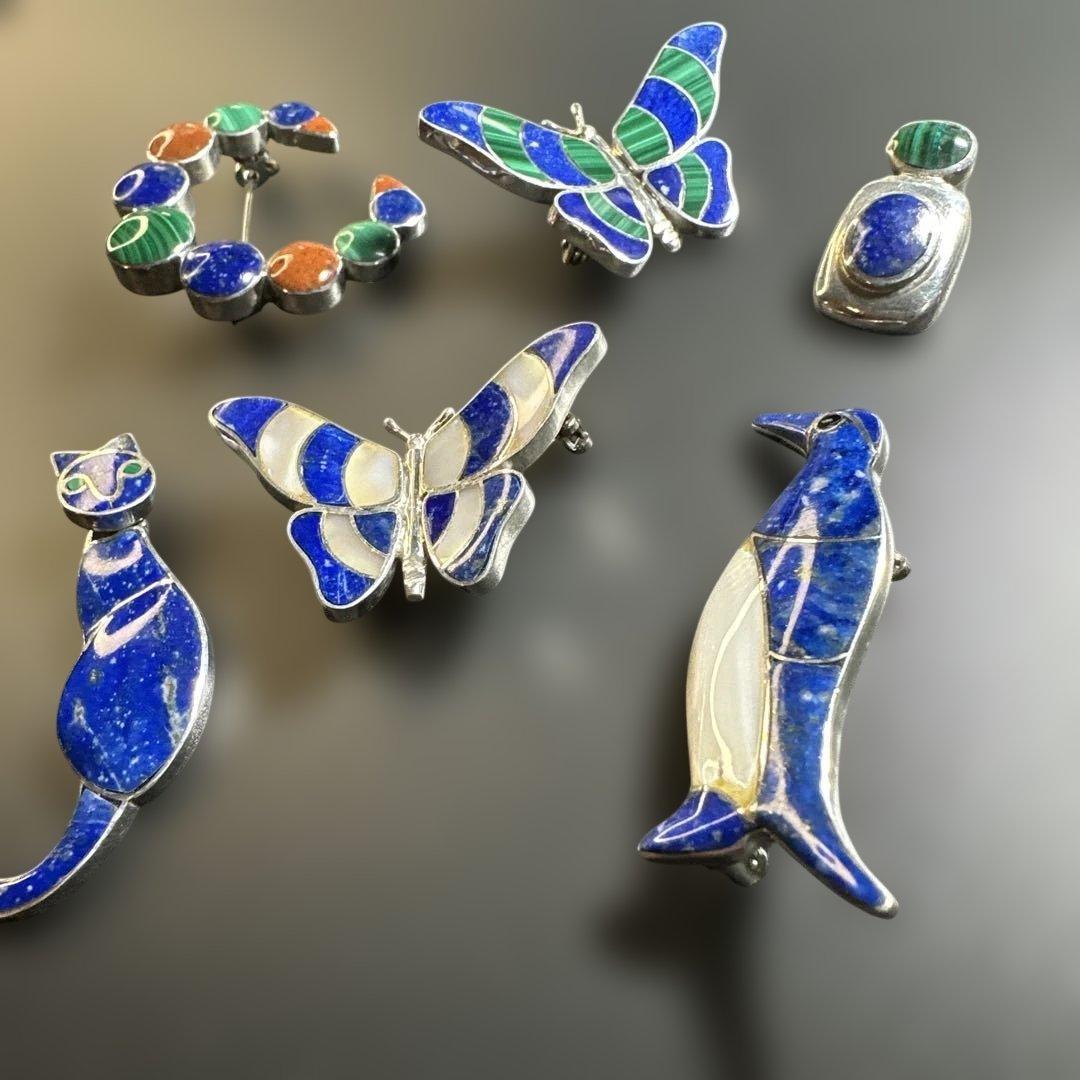 猫　ペンギン　蝶　シルバー970 ラピス　マラカイト　ブローチ他　2way